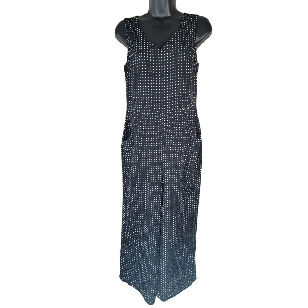 Karl Lagerfeld Paris Black White Polka Dot Hearts Crop Wide Leg Jumpsuit Size 2‎